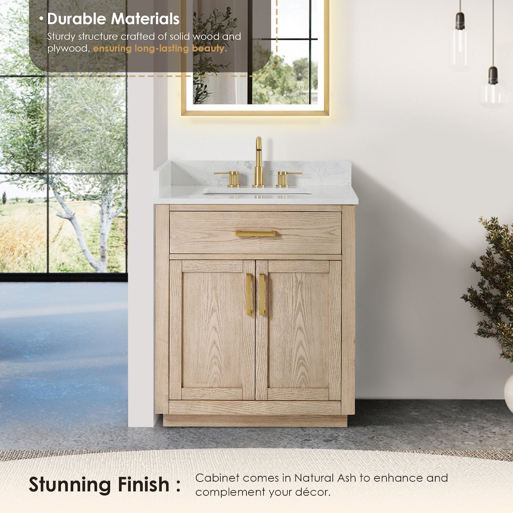 30"Single Bathroom Vanity in Natural Ash,Grain White Engineered Stone Countertop. Picture 8