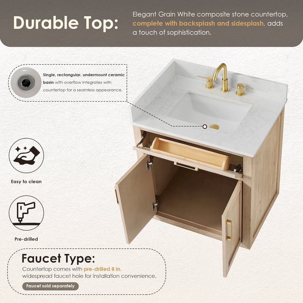 30"Single Bathroom Vanity in Natural Ash,Grain White Engineered Stone Countertop. Picture 9