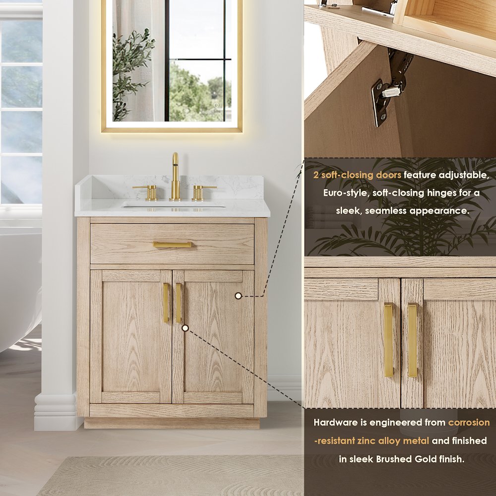 30"Single Bathroom Vanity in Natural Ash,Grain White Engineered Stone Countertop. Picture 11