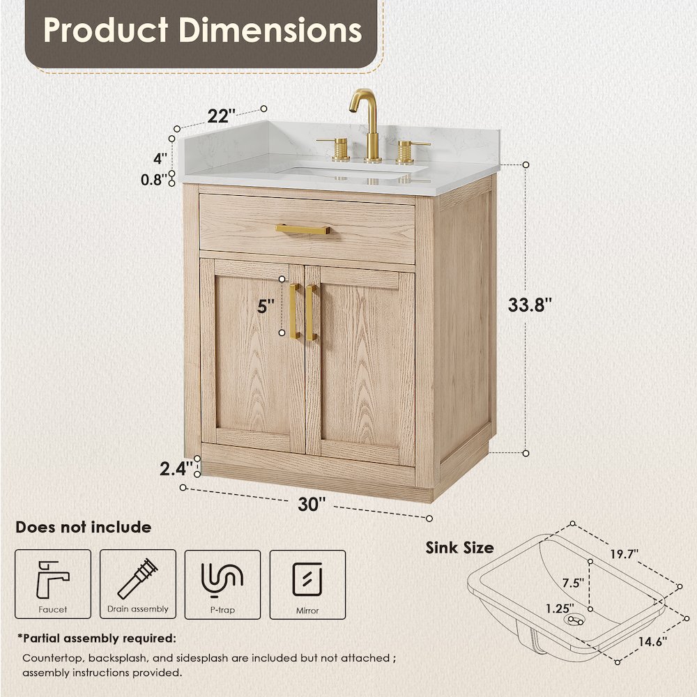 30"Single Bathroom Vanity in Natural Ash,Grain White Engineered Stone Countertop. Picture 12
