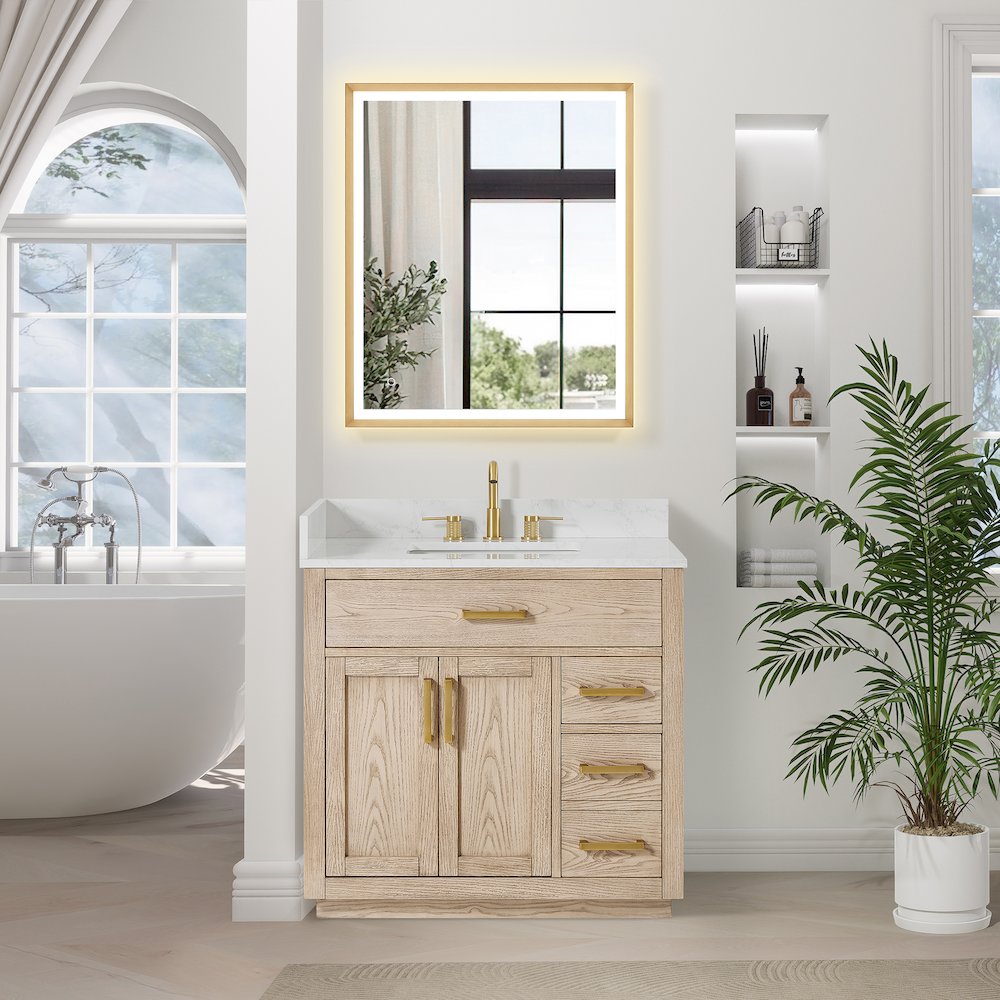 36"Single Bathroom Vanity in Natural Ash,Grain White Engineered Stone Countertop. Picture 6