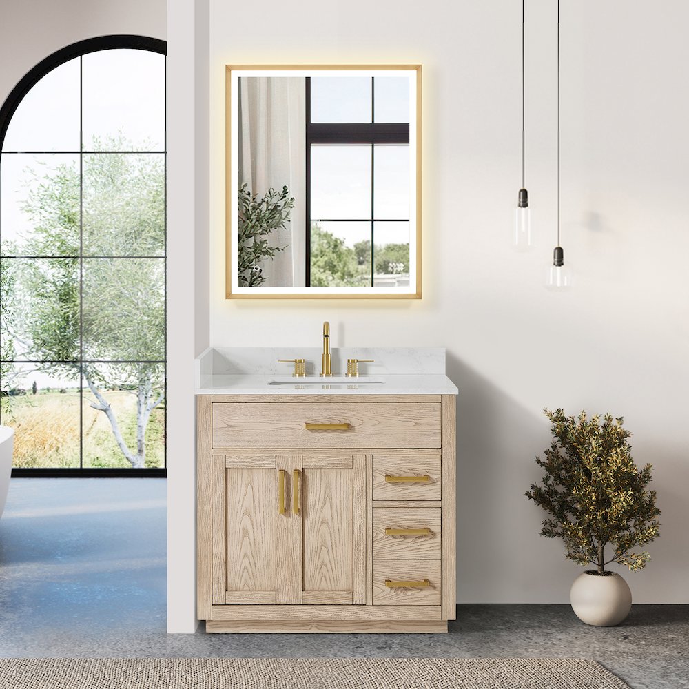 36"Single Bathroom Vanity in Natural Ash,Grain White Engineered Stone Countertop. Picture 7