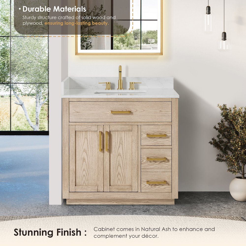 36"Single Bathroom Vanity in Natural Ash,Grain White Engineered Stone Countertop. Picture 9