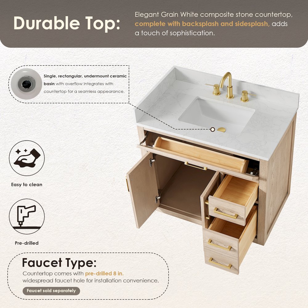 36"Single Bathroom Vanity in Natural Ash,Grain White Engineered Stone Countertop. Picture 10