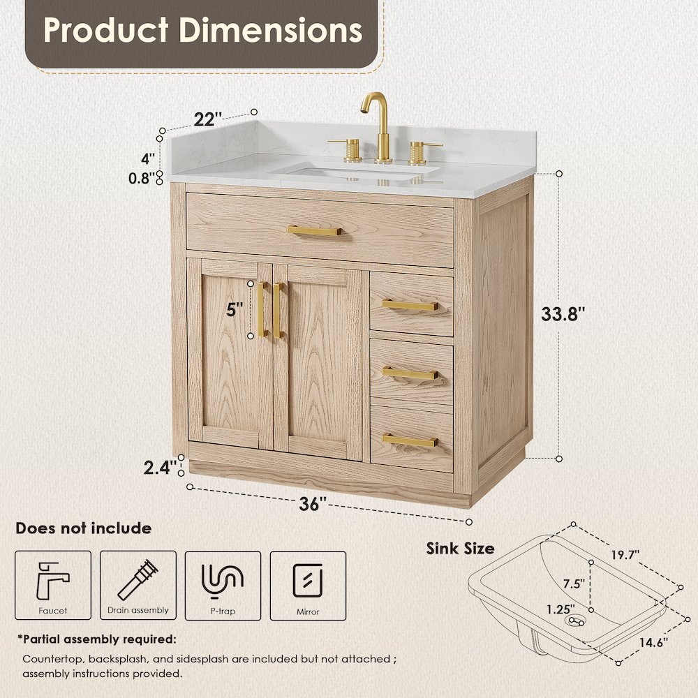 36"Single Bathroom Vanity in Natural Ash,Grain White Engineered Stone Countertop. Picture 12