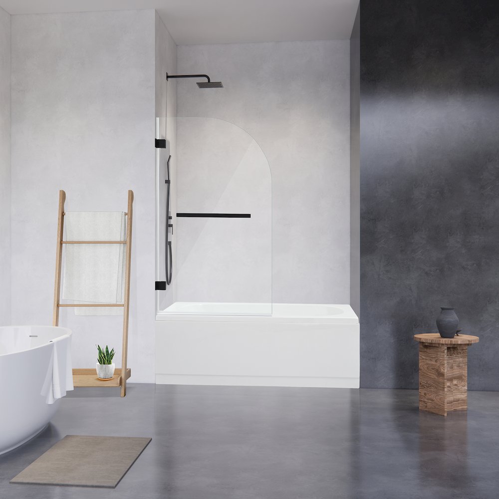 Frameless Hinged Tub Door in Matte Black with Clear Glass. Picture 3