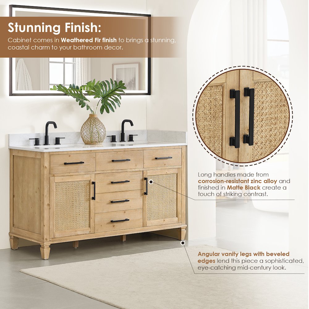 60" Double Bathroom Vanity in with Grain White Engineered Stone Countertop. Picture 6