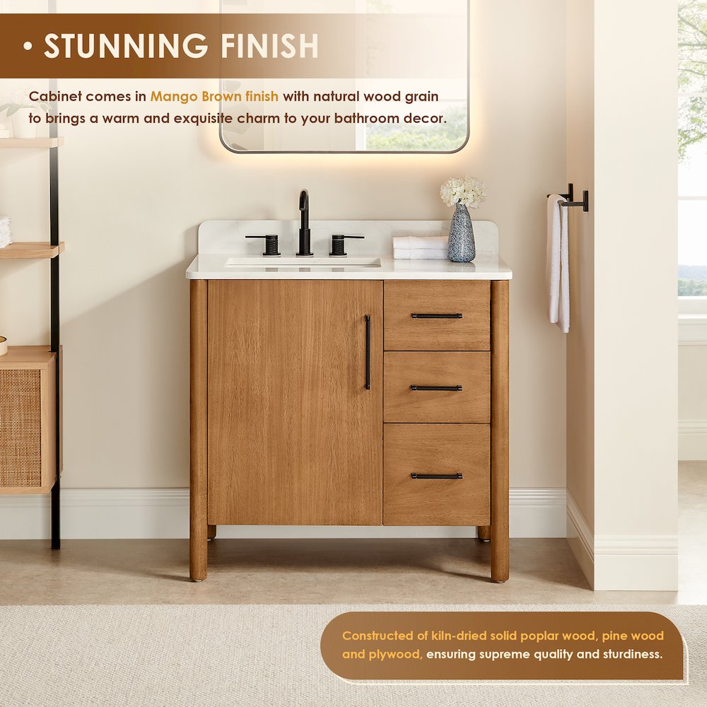 36" Single Bathroom Vanity in Mango Brown with Grain White. Picture 5