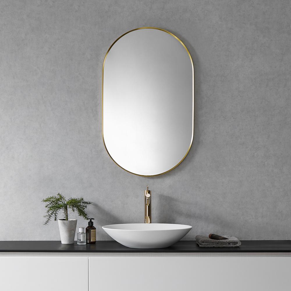 Ispra 36" Oval Bathroom/Vanity Brushed Gold Aluminum Framed Wall Mirror. Picture 5