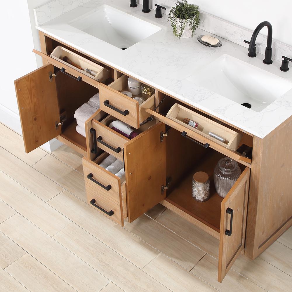 60" Double Bathroom Vanity in Light Brown with Mirror. Picture 11