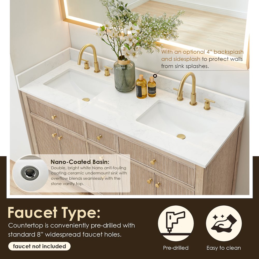 Double Bathroom Vanity in Nature Oak Grain White Engineered Stone Countertop. Picture 7