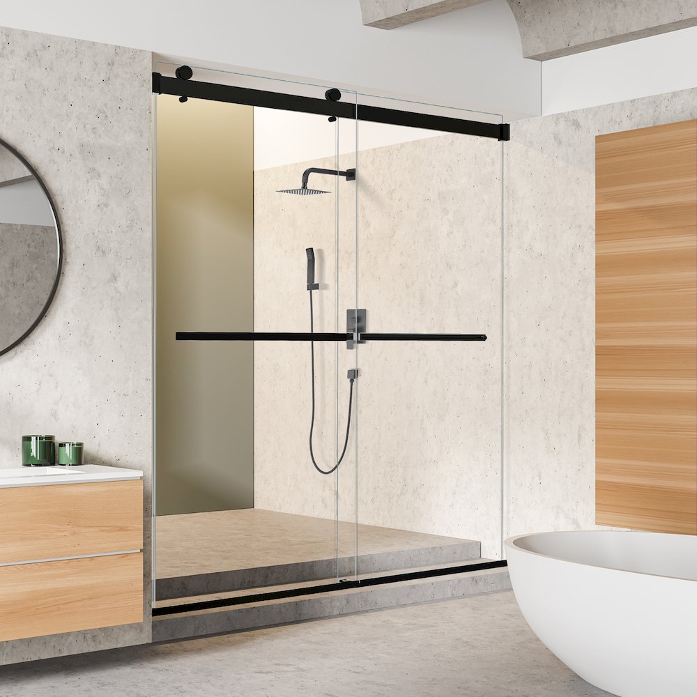 By Pass Frameless Shower Door in Matte Black with Clear Glass. Picture 6