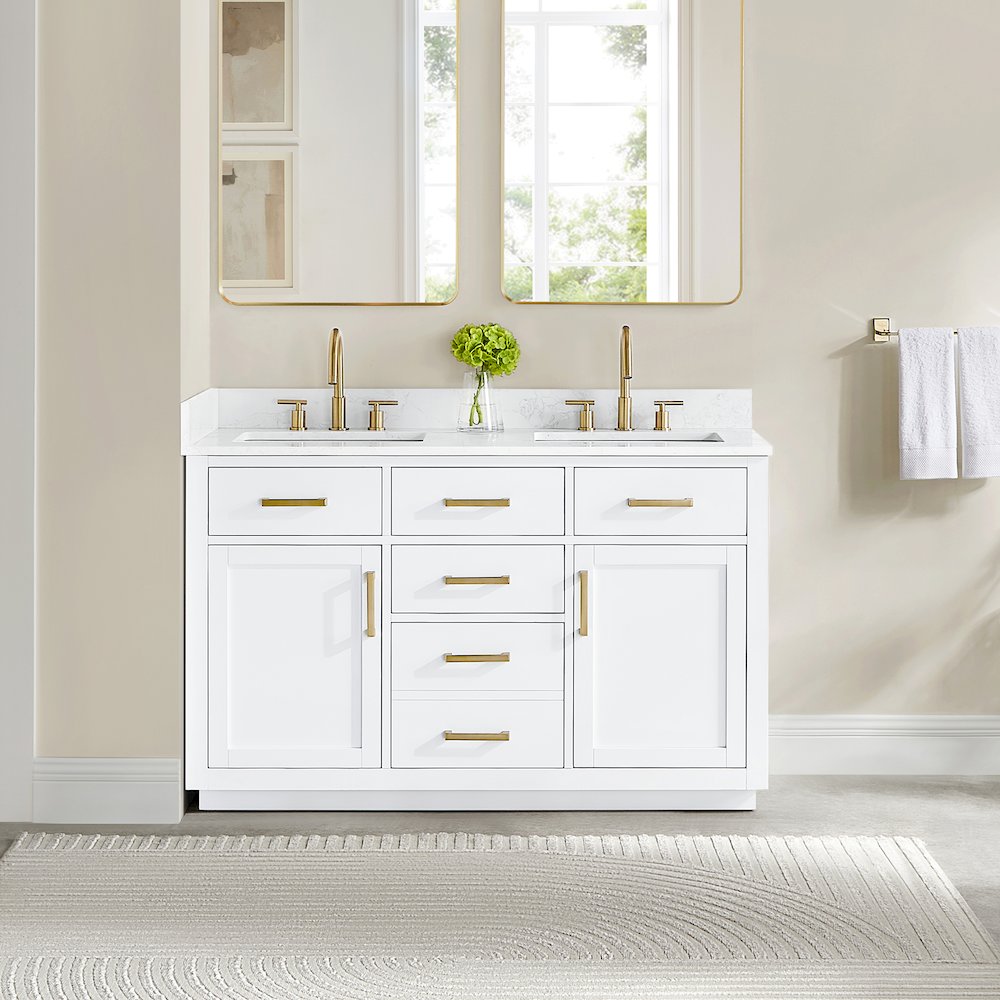 54" Double Bathroom Vanity in White with Grain White. Picture 2