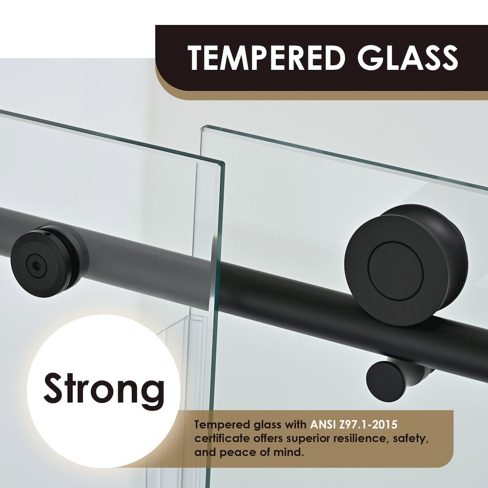 Single Sliding Frameless Tub Door in Matte Black with Clear Glass. Picture 10