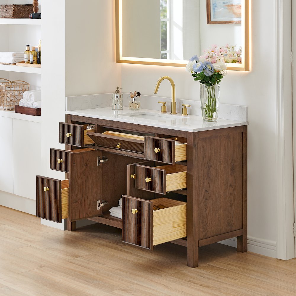 Single Bathroom Vanity in Brown Oak Grain White Engineered Stone Countertop. Picture 4