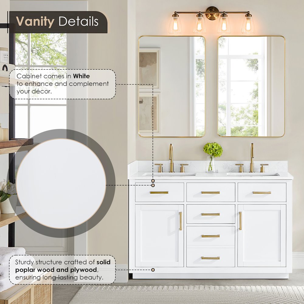 54" Double Bathroom Vanity in White with Grain White. Picture 7