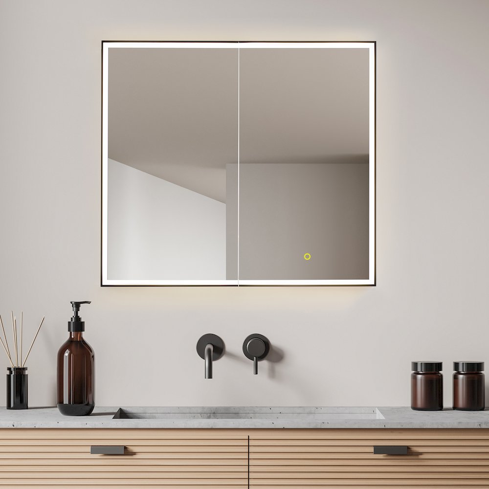 36"x32" Rectangular Bathroom Black Aluminum Mirror Medicine Cabinet. Picture 5