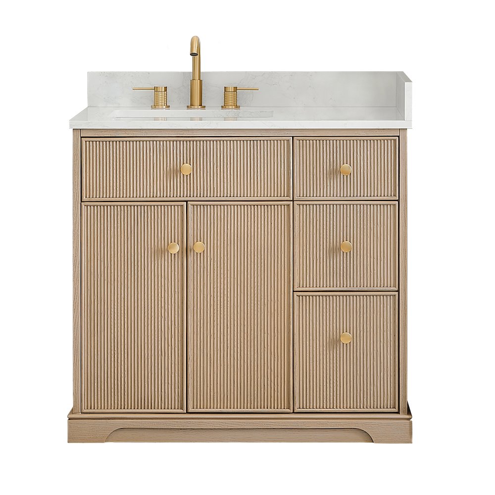 36" Single Bathroom Vanity in Natural Oak with Engineered Stone Countertop. Picture 1