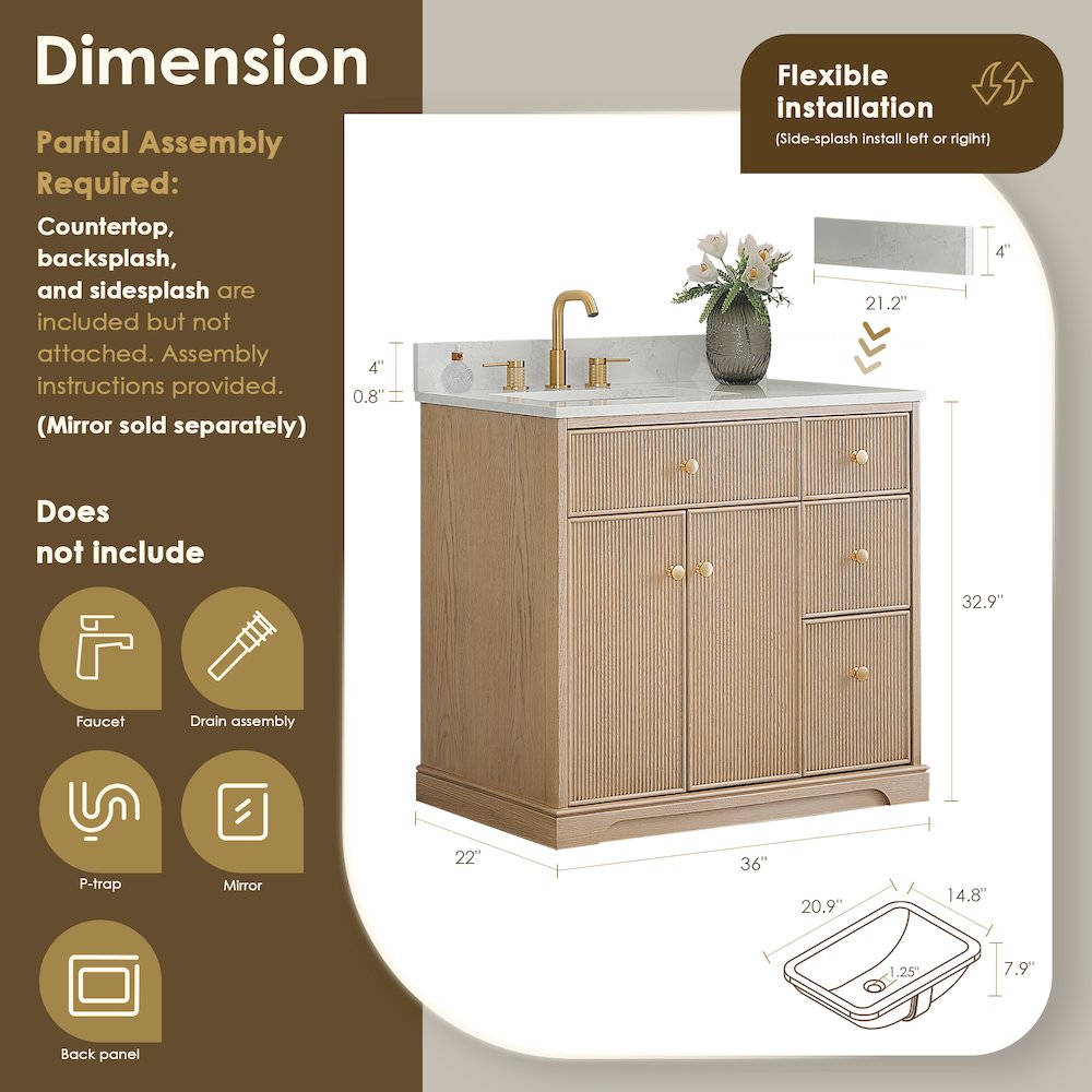 36" Single Bathroom Vanity in Natural Oak with Engineered Stone Countertop. Picture 6