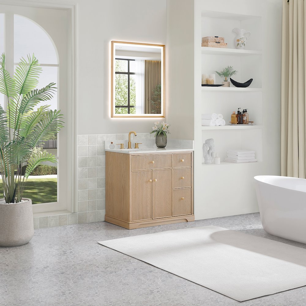 36" Single Bathroom Vanity in Natural Oak with Engineered Stone Countertop. Picture 7