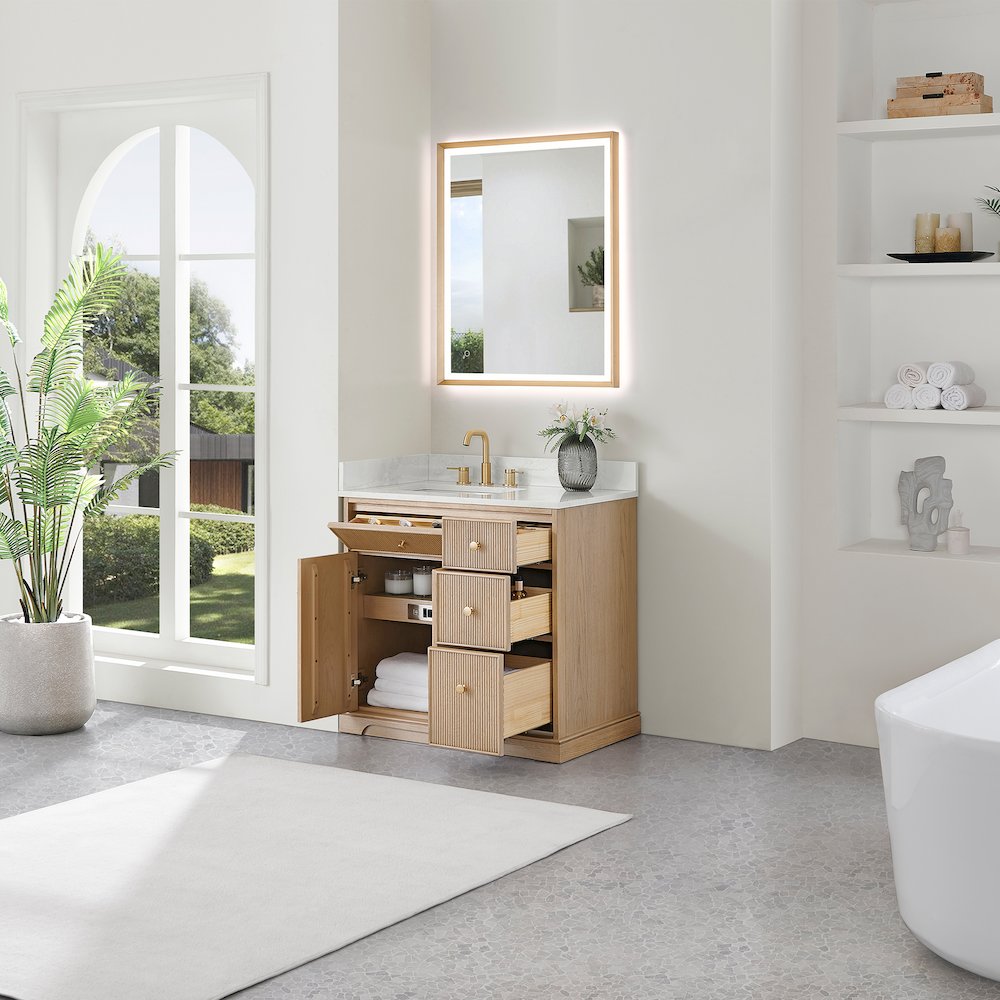 36" Single Bathroom Vanity in Natural Oak with Engineered Stone Countertop. Picture 8