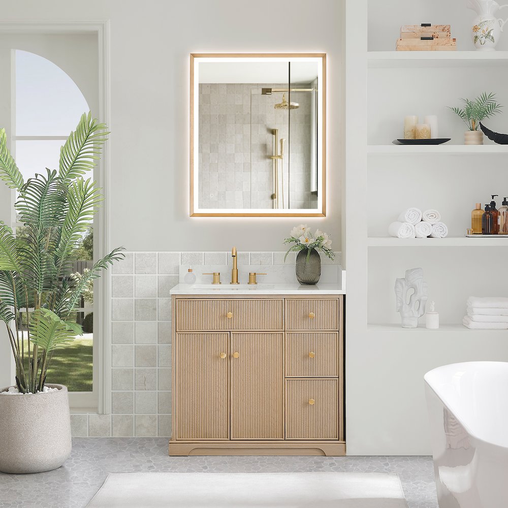 36" Single Bathroom Vanity in Natural Oak with Engineered Stone Countertop. Picture 9