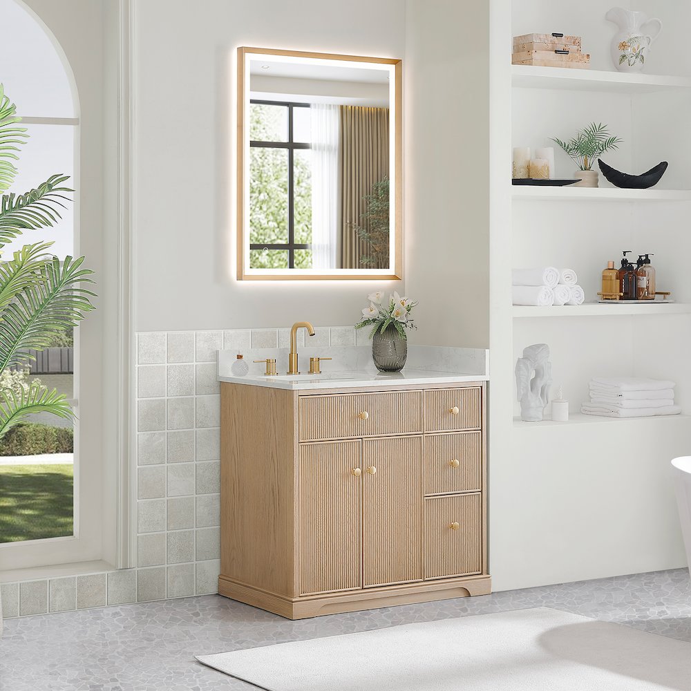 36" Single Bathroom Vanity in Natural Oak with Engineered Stone Countertop. Picture 10