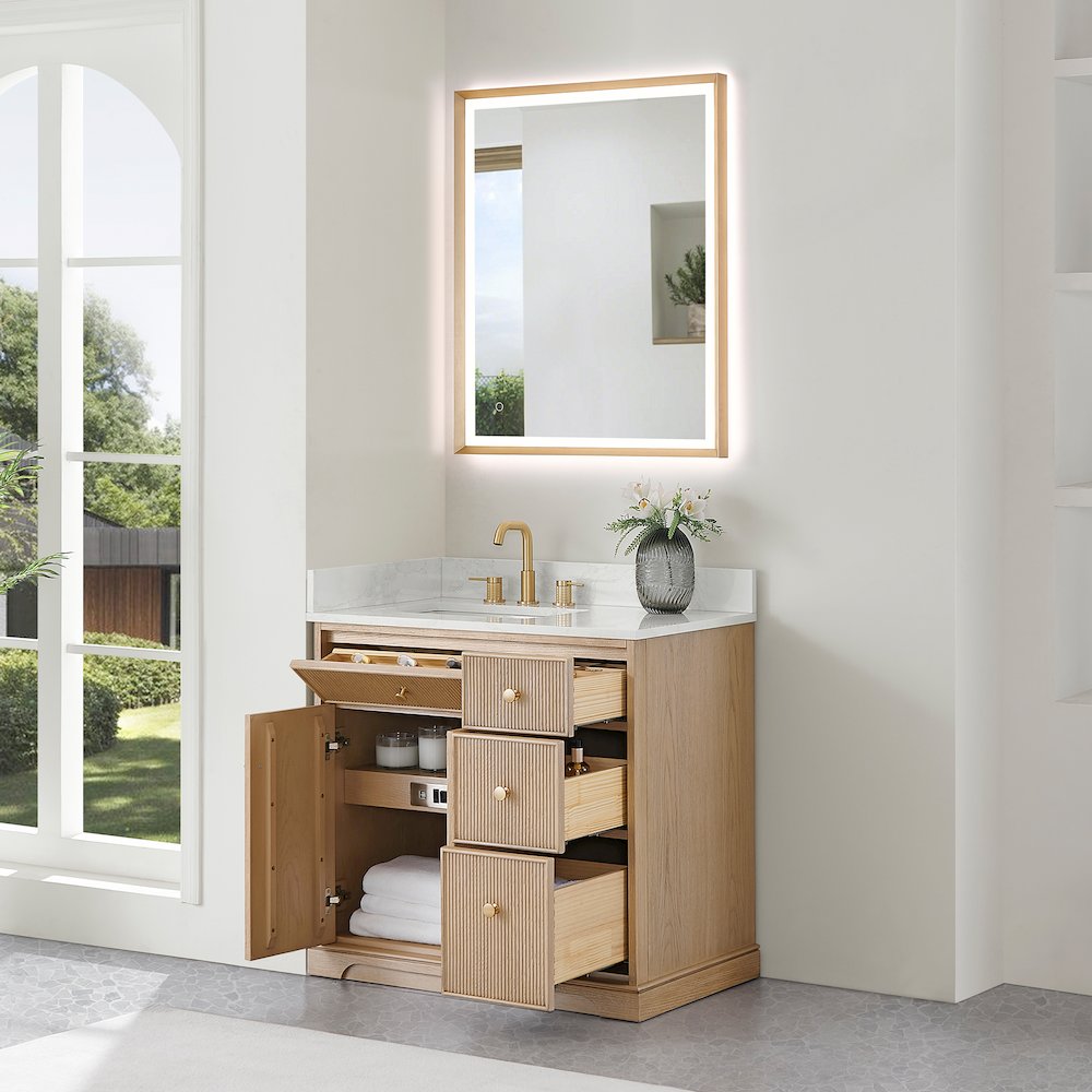 36" Single Bathroom Vanity in Natural Oak with Engineered Stone Countertop. Picture 11
