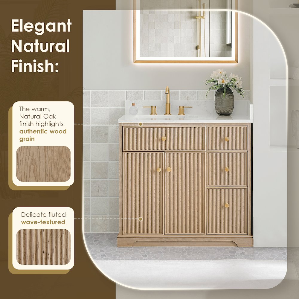 36" Single Bathroom Vanity in Natural Oak with Engineered Stone Countertop. Picture 12