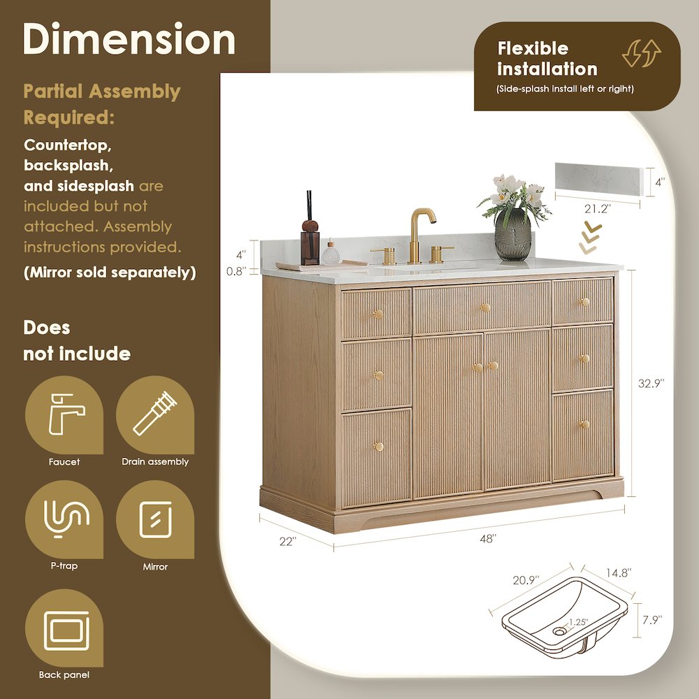 48" Single Bathroom Vanity in Natural Oak with Engineered Stone Countertop. Picture 6