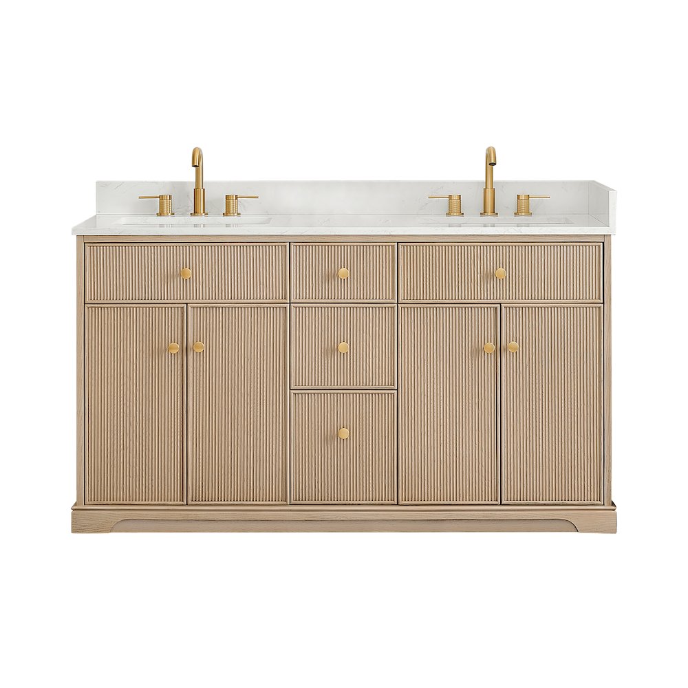 60" Double Bathroom Vanity in Natural Oak with Engineered Stone Countertop. Picture 1