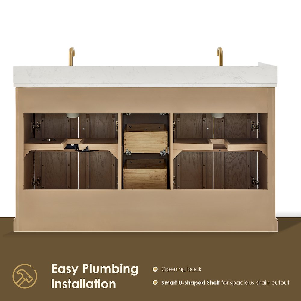 60" Double Bathroom Vanity in Natural Oak with Engineered Stone Countertop. Picture 5