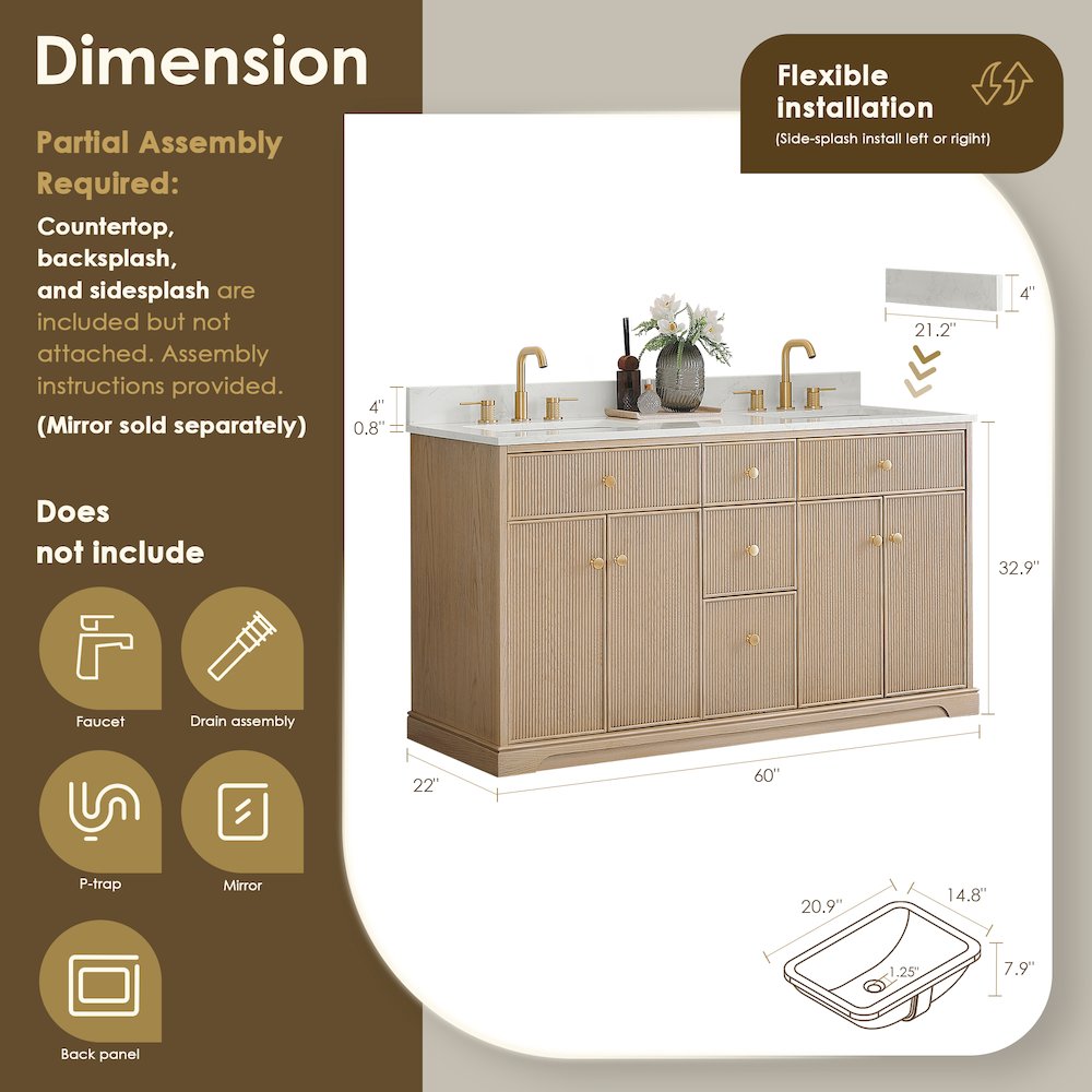60" Double Bathroom Vanity in Natural Oak with Engineered Stone Countertop. Picture 6