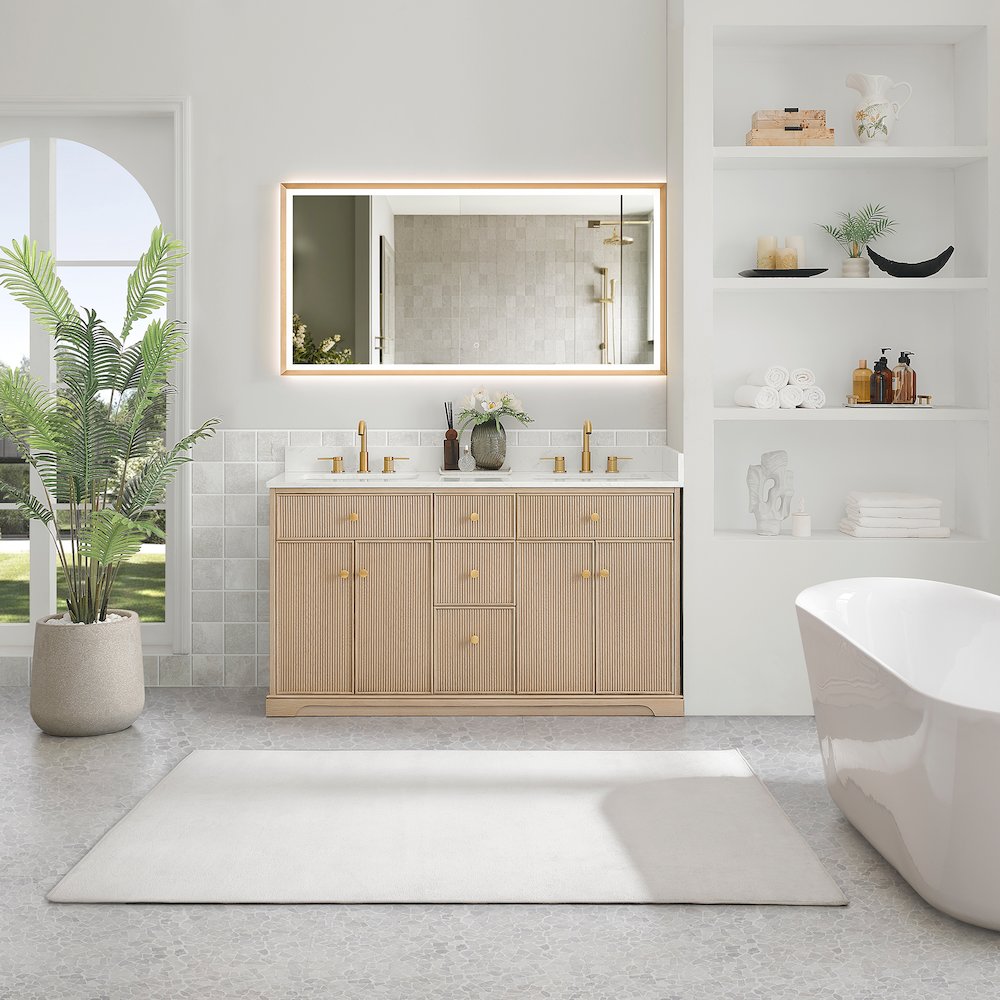 60" Double Bathroom Vanity in Natural Oak with Engineered Stone Countertop. Picture 7