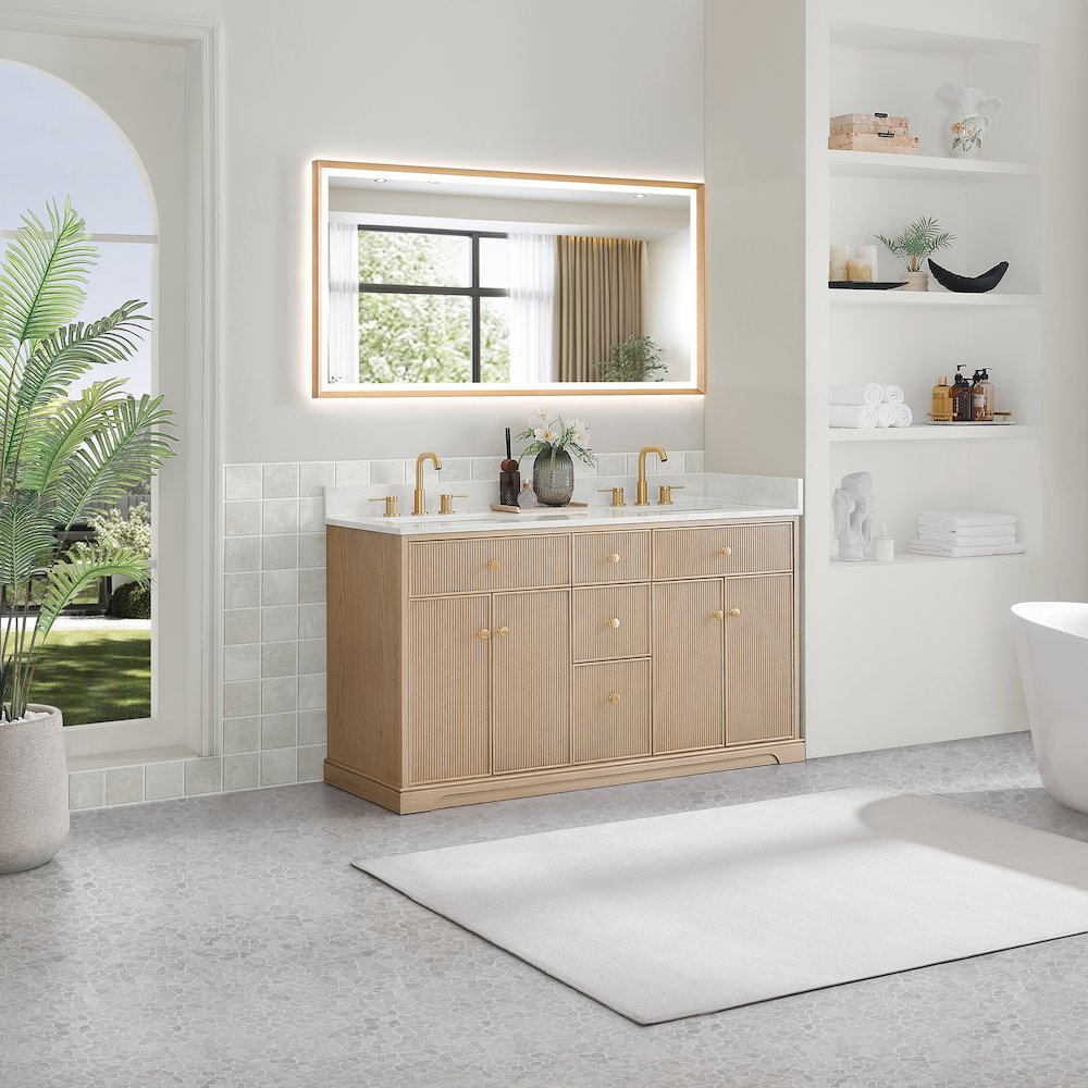60" Double Bathroom Vanity in Natural Oak with Engineered Stone Countertop. Picture 8