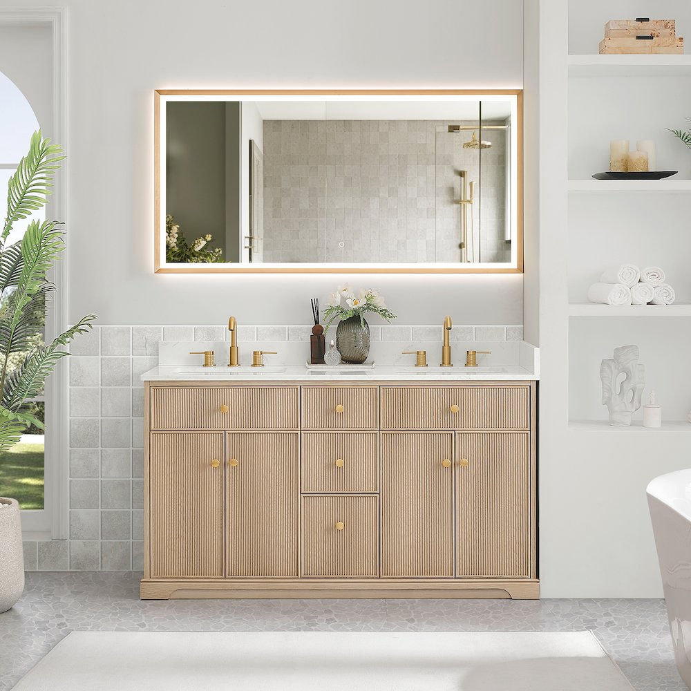 60" Double Bathroom Vanity in Natural Oak with Engineered Stone Countertop. Picture 9