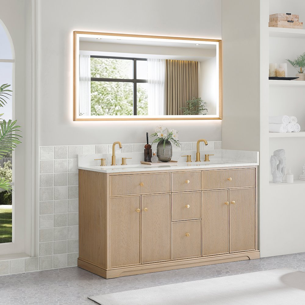 60" Double Bathroom Vanity in Natural Oak with Engineered Stone Countertop. Picture 10