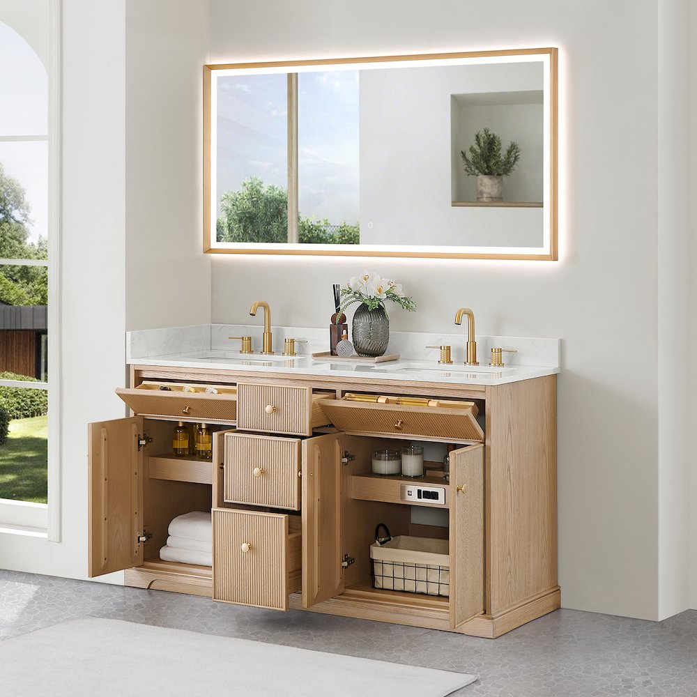 60" Double Bathroom Vanity in Natural Oak with Engineered Stone Countertop. Picture 11