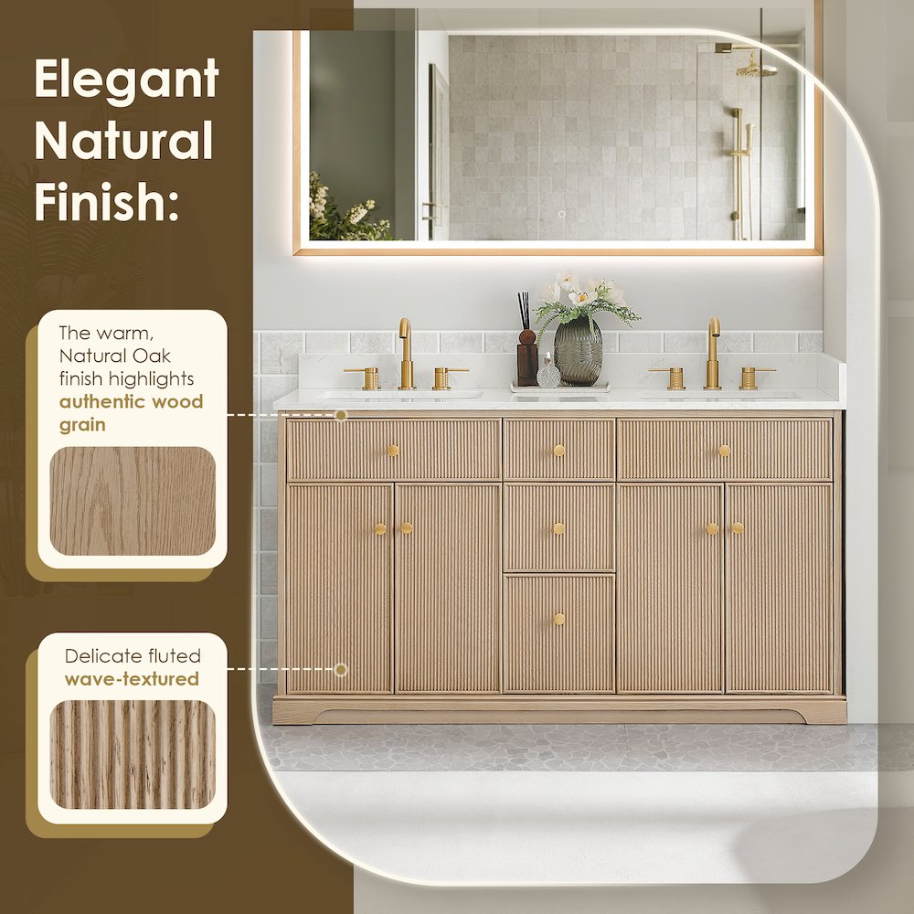 60" Double Bathroom Vanity in Natural Oak with Engineered Stone Countertop. Picture 12