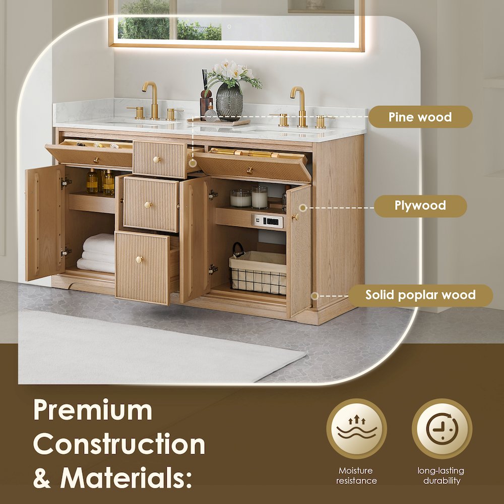 60" Double Bathroom Vanity in Natural Oak with Engineered Stone Countertop. Picture 13