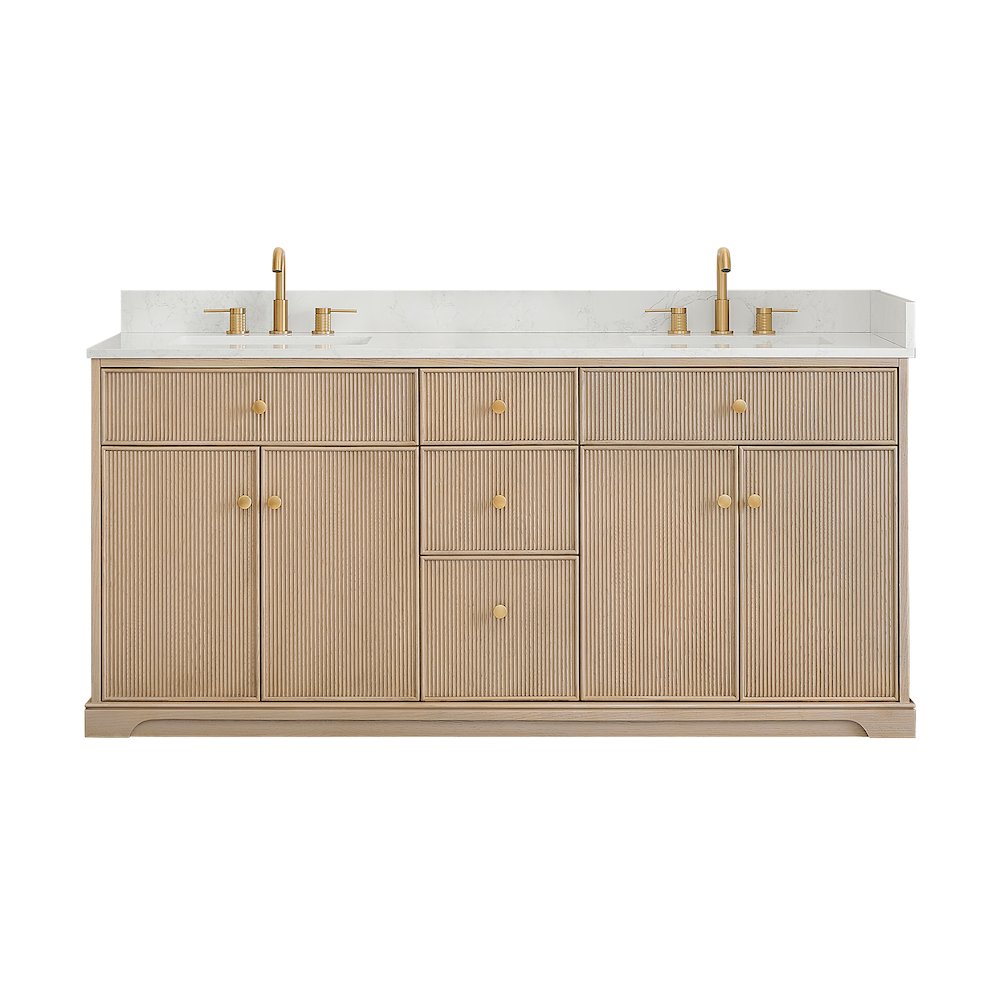 72" Double Bathroom Vanity in Natural Oak with Engineered Stone Countertop. Picture 1