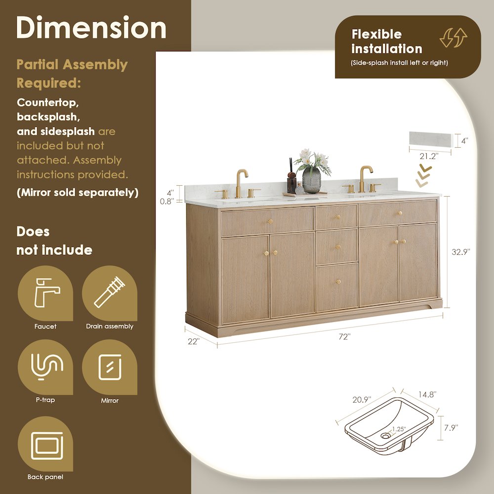72" Double Bathroom Vanity in Natural Oak with Engineered Stone Countertop. Picture 6