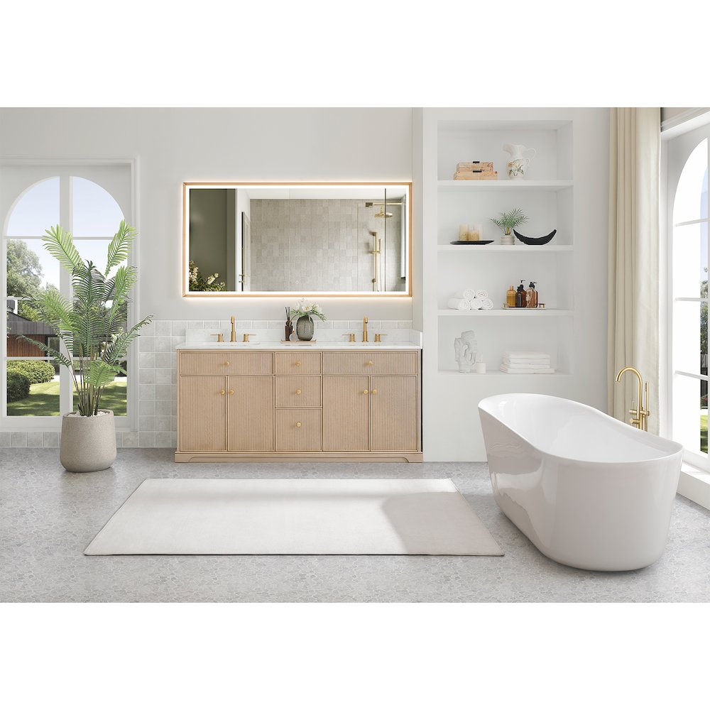 72" Double Bathroom Vanity in Natural Oak with Engineered Stone Countertop. Picture 7