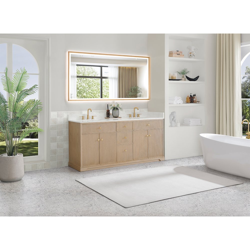 72" Double Bathroom Vanity in Natural Oak with Engineered Stone Countertop. Picture 8