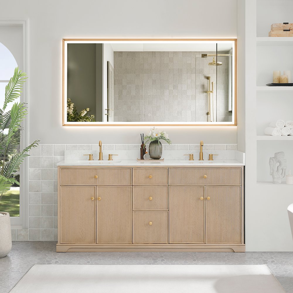 72" Double Bathroom Vanity in Natural Oak with Engineered Stone Countertop. Picture 9