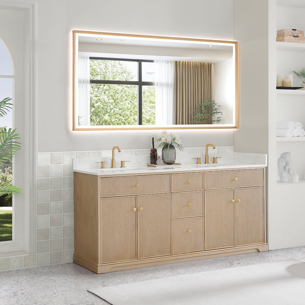 72" Double Bathroom Vanity in Natural Oak with Engineered Stone Countertop. Picture 10