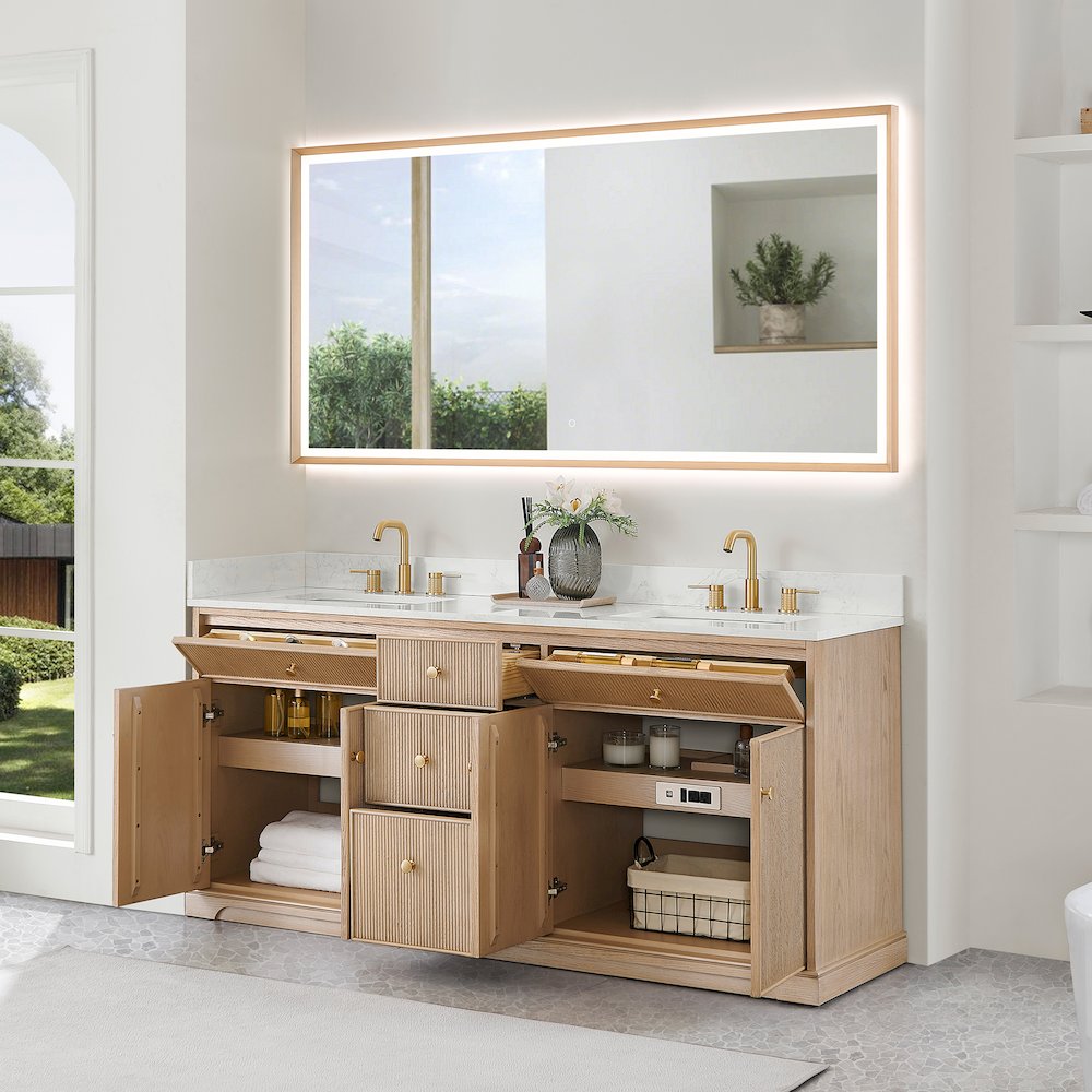 72" Double Bathroom Vanity in Natural Oak with Engineered Stone Countertop. Picture 11