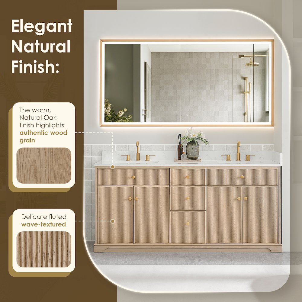 72" Double Bathroom Vanity in Natural Oak with Engineered Stone Countertop. Picture 12
