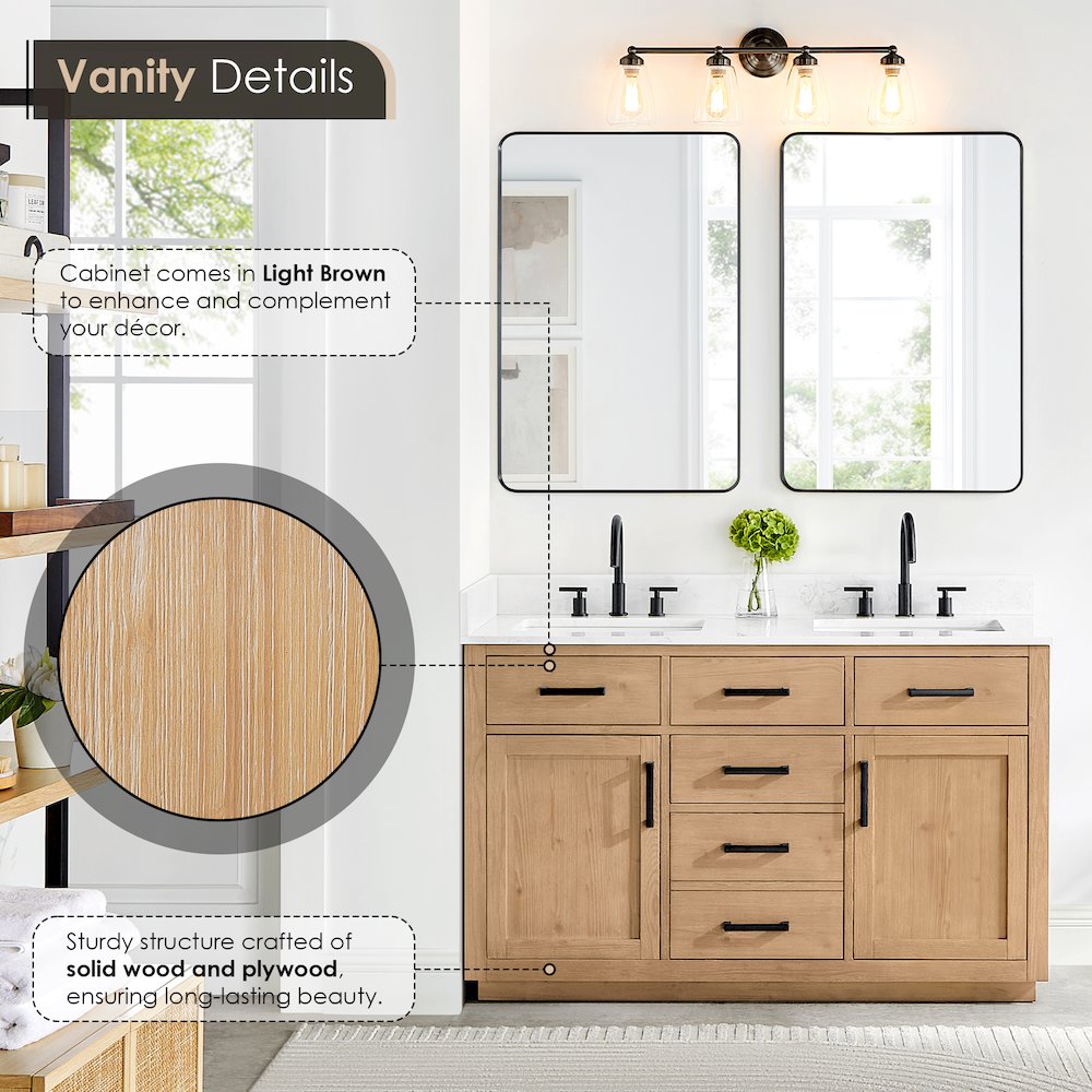 54" Double Bathroom Vanity in Light Brown with Grain White. Picture 7