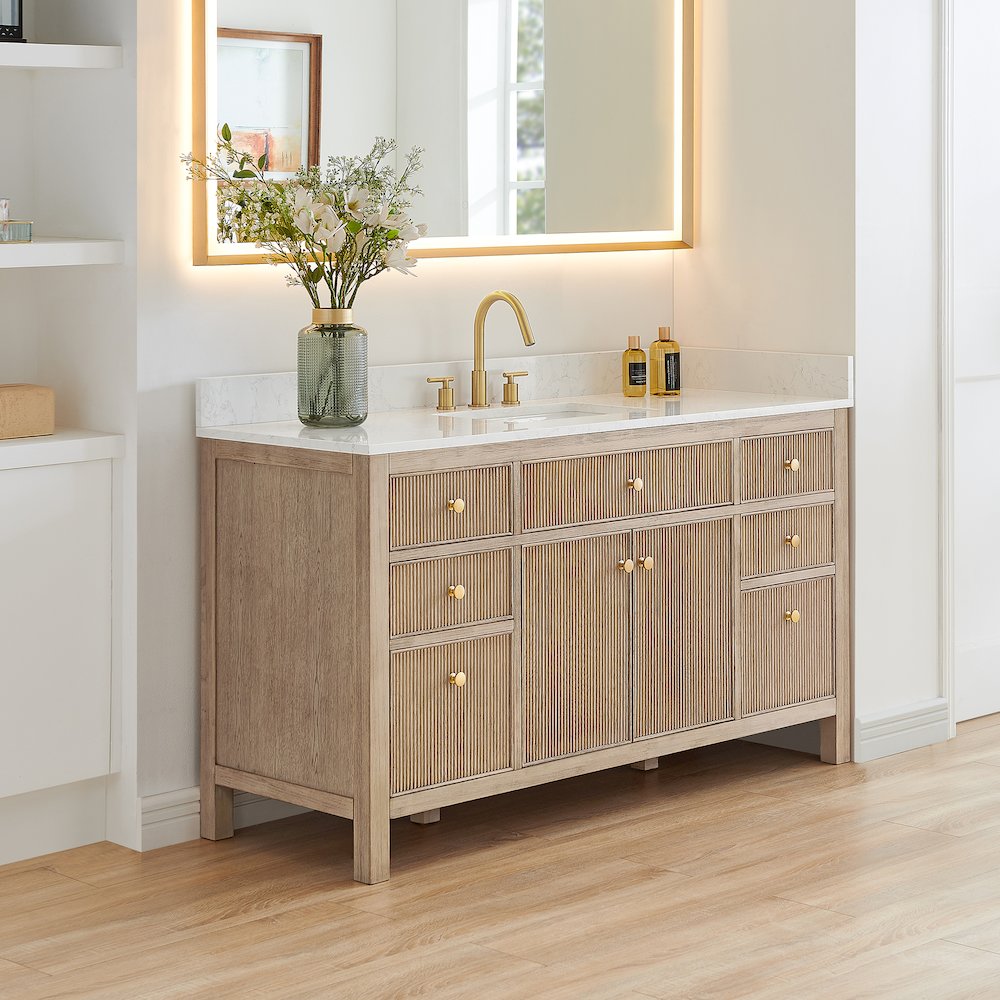 Single Bathroom Vanity in Nature Oak Grain White Engineered Stone Countertop. Picture 3